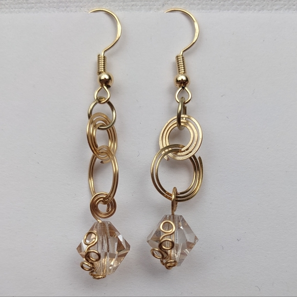 Artisan Jewelry - Gold Circles Czech Glass Earrings Handmade Artisan Spiral Wire Wrapped Unique